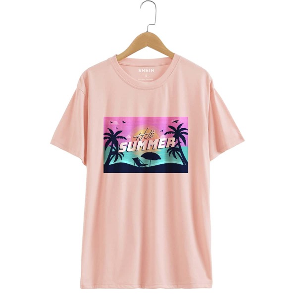 

Letter & Tropical Print Tee, Baby pink