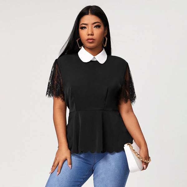 

Plus Contrast Doll Collar Lace-sleeve Smock Blouse, Black
