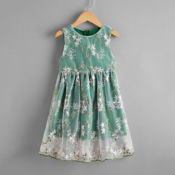 

Girls Floral Embroidered Mesh Overlay Dress, Green