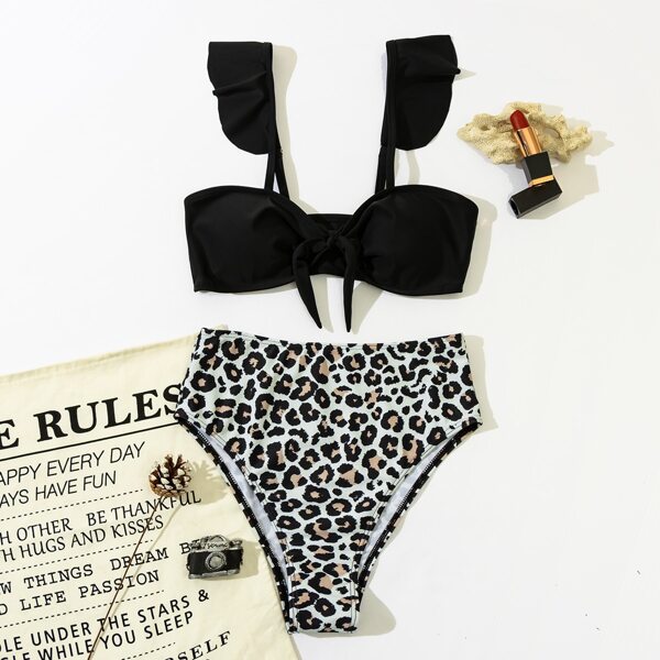 

Leopard Knot Front High Waisted Bikini Swimsuit, Multicolor