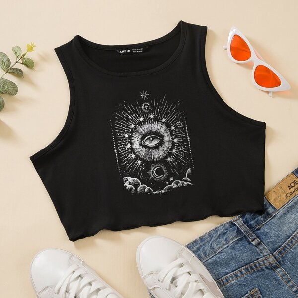 

Graphic Print Crop Tank Top, Black