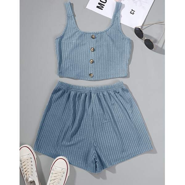 

Solid Rib Knit Button Tank Top & Shorts, Blue