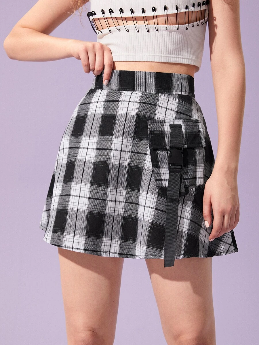 ROMWE 格紋口袋搭扣織帶工裝裙