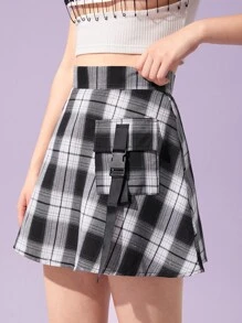 ROMWE 格紋口袋搭扣織帶工裝裙