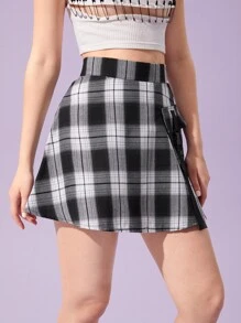 ROMWE 格紋口袋搭扣織帶工裝裙