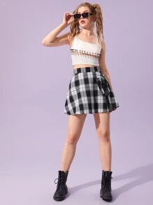 ROMWE 格紋口袋搭扣織帶工裝裙