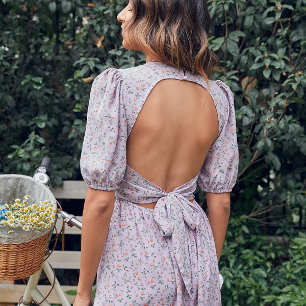 

Tied Backless Puff Sleeve Ditsy Floral Dress, Lilac purple