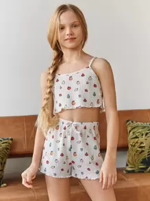 SHEIN 女孩水果圖案小褶邊吊帶上衣和繫帶短褲睡衣套裝 - 白色 - 查看 1