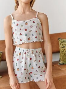 SHEIN 女孩水果圖案小褶邊吊帶上衣和繫帶短褲睡衣套裝 - 白色 - 查看 3