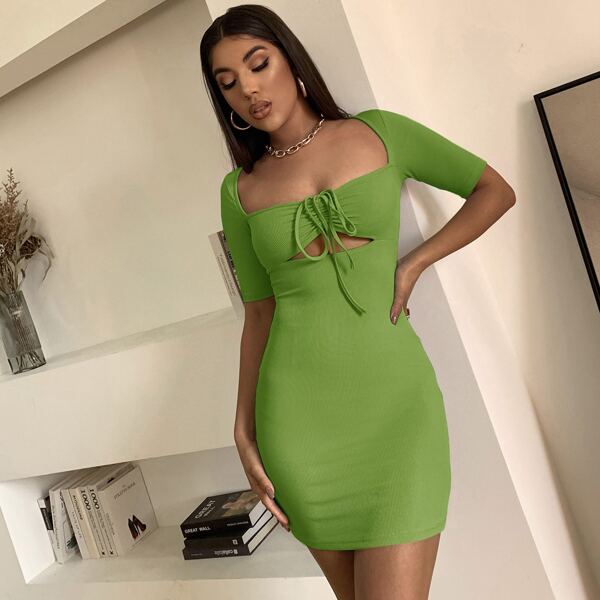 

Drawstring Ruched Bodycon Dress, Lime green