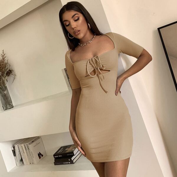 

Drawstring Ruched Bodycon Dress, Khaki