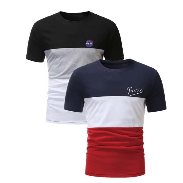 

Men 2pcs Colorblock & Letter Print Tee, Multicolor