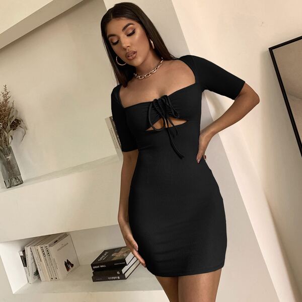 

Drawstring Ruched Bodycon Dress, Black