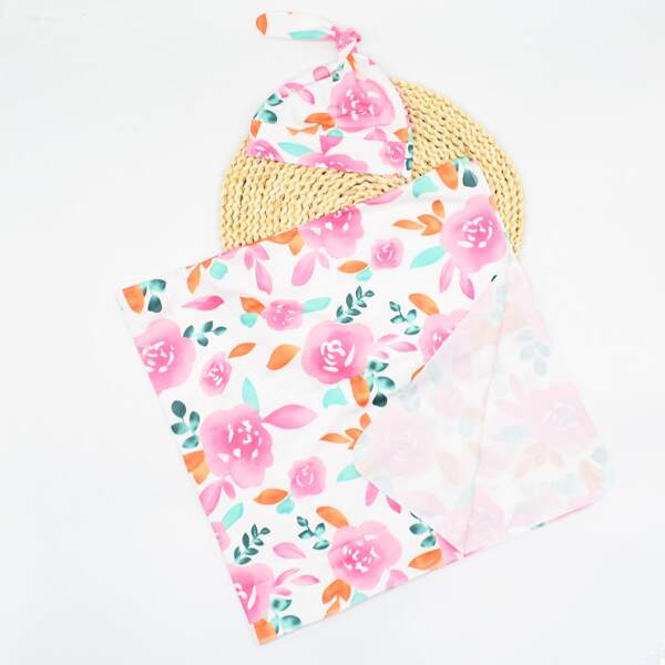 

Newborn Girl Floral Print Photography Prop Blanket With Hat, Pink