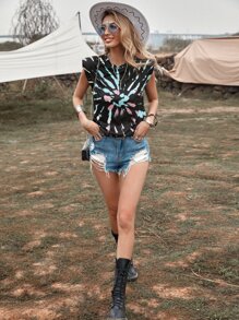 SHEIN LUNE Tie Dye Shoulder Pad Tank Top - Multicolor - View 3