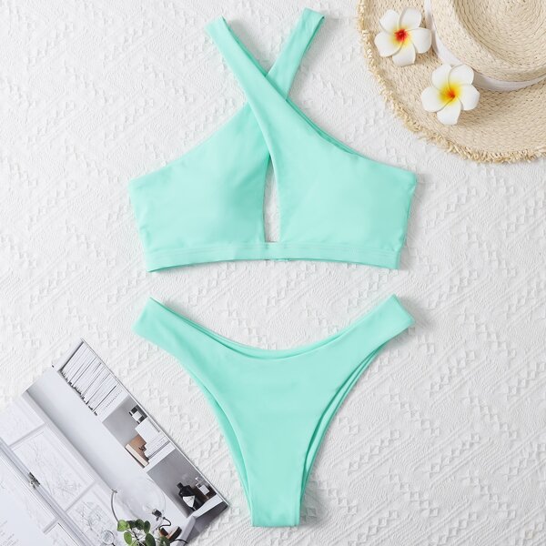 

Criss Cross High Cut Bikini Swimsuit, Mint blue