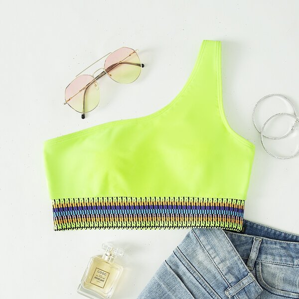 

Neon Lime Contrast Trim One Shoulder Bikini Top, Lime green
