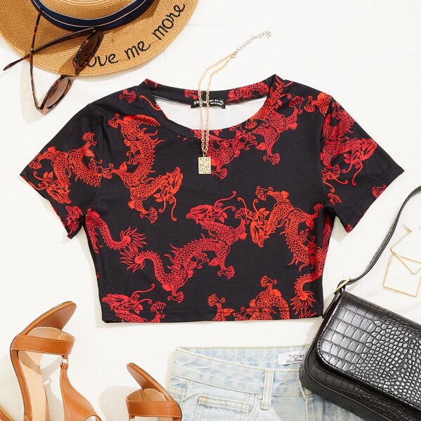 

Chinese Dragon Print Crop Tee, Multicolor