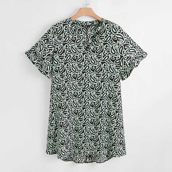 

Plus Notched Paisley Print Tunic Dress, Green