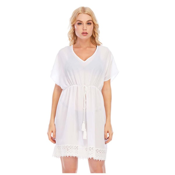 

Crochet Lace Trim Drawstring Waist Cover Up, White