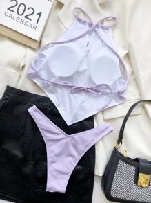 Rib Hanky Hem Top & High Cut Bottom Bikini Set, For Summer Beach Vacation - Lilac Purple - View 2