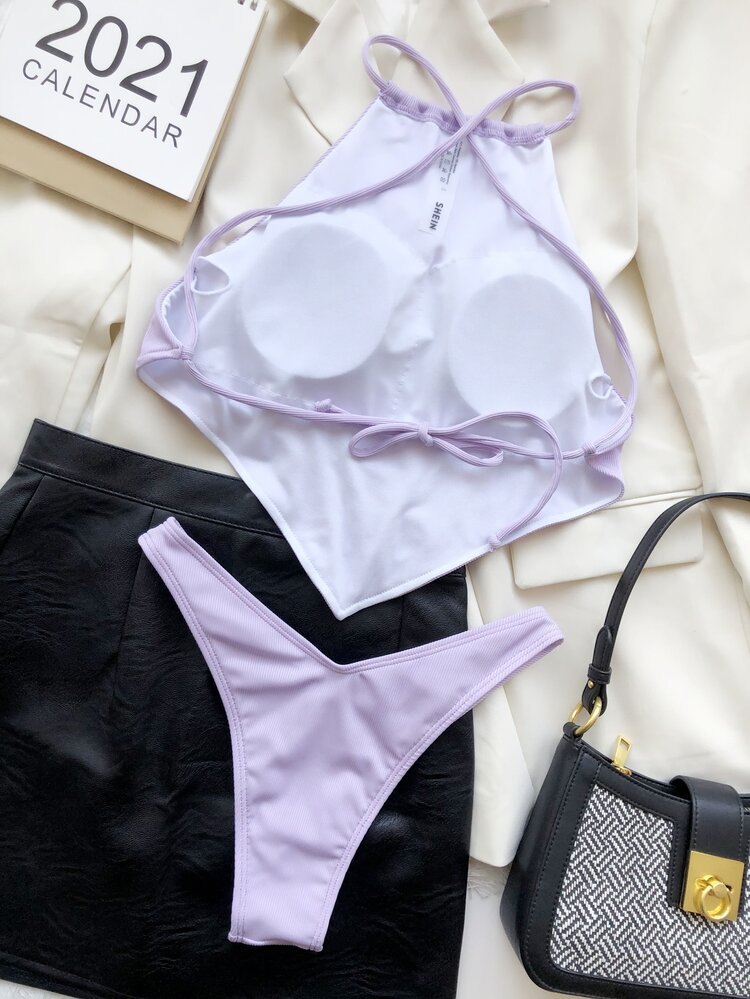 Rib Hanky Hem Top & High Cut Bottom Bikini Set, For Summer Beach Vacation - Lilac Purple - View 2