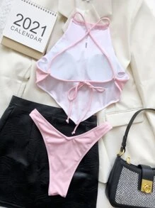 Conjunto de Bikini con Parte Superior con Dobladillo de Pañuelo Acanalado y Bottom de Corte Alto, para Verano y Vacaciones en la Playa - Rosa Pálido - Ver 2