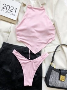 Conjunto de Bikini con Parte Superior con Dobladillo de Pañuelo Acanalado y Bottom de Corte Alto, para Verano y Vacaciones en la Playa - Rosa Pálido - Ver 3