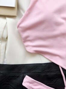 Conjunto de Bikini con Parte Superior con Dobladillo de Pañuelo Acanalado y Bottom de Corte Alto, para Verano y Vacaciones en la Playa - Rosa Pálido - Ver 4