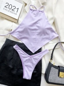 Rib Hanky Hem Top & High Cut Bottom Bikini Set, For Summer Beach Vacation - Lilac Purple - View 5