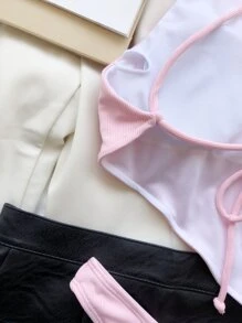 Conjunto de Bikini con Parte Superior con Dobladillo de Pañuelo Acanalado y Bottom de Corte Alto, para Verano y Vacaciones en la Playa - Rosa Pálido - Ver 5