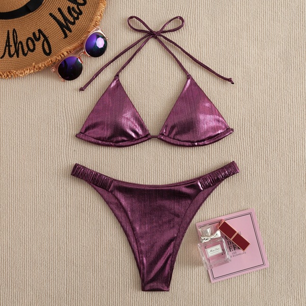 

Metallic Micro Triangle Bikini Swimsuit, Mauve purple