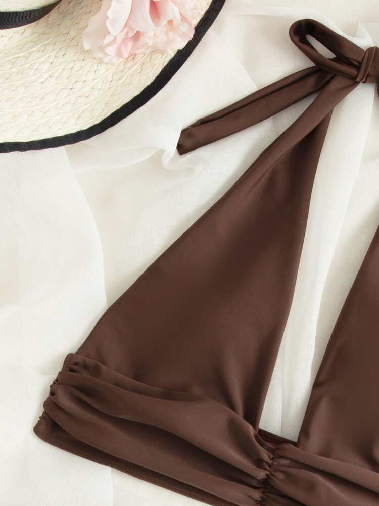 Ensemble bikini ras-du-cou froncé pour plage d'été - Marron - Voir 4