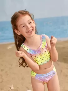 年轻女孩渐变色和心形荷叶边比基尼套装夏日海滩 - 彩色 - 查看 1