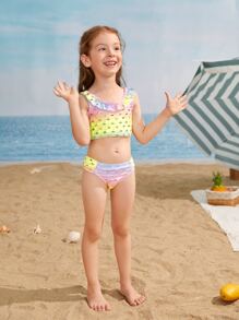 年轻女孩渐变色和心形荷叶边比基尼套装夏日海滩 - 彩色 - 查看 3