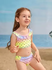 年轻女孩渐变色和心形荷叶边比基尼套装夏日海滩 - 彩色 - 查看 4