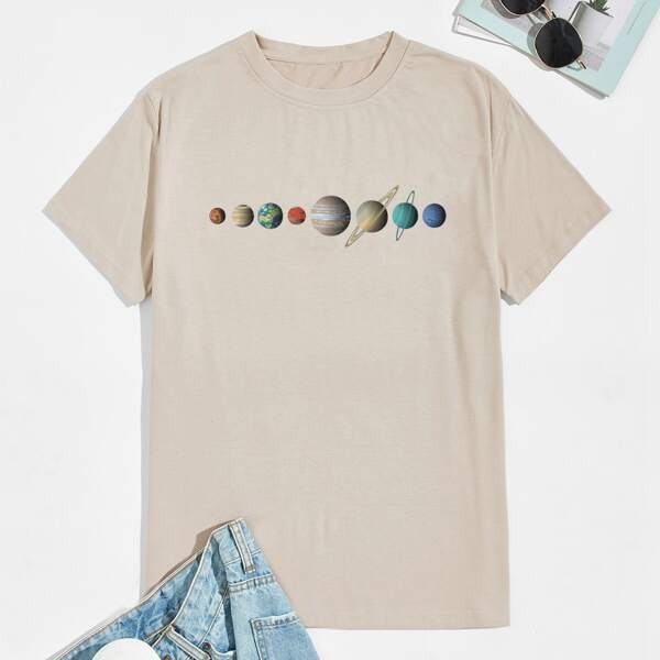 

Men Planet Print Crew Neck Tee, Khaki