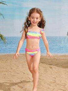 Young Girl Unicorn Print Ruffle Bikini Set Summer Beach - Multicolor - View 1