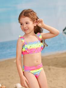 Young Girl Unicorn Print Ruffle Bikini Set Summer Beach - Multicolor - View 4