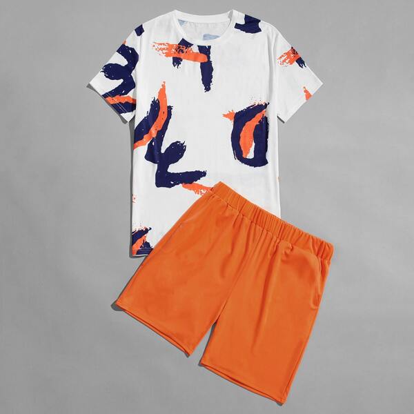 

Men Graphic Print Tee With Slant Pocket Track Shorts, Multicolor