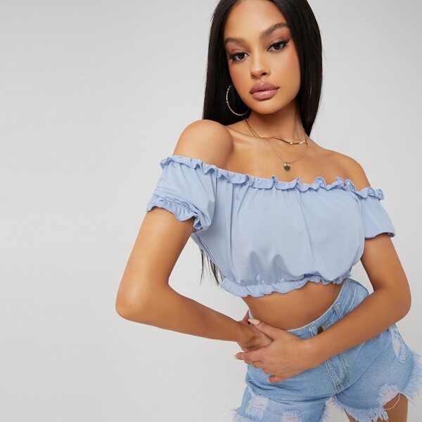 

Ruffled Off-the-Shoulder Puff Sleeve Crop Top, Dusty blue