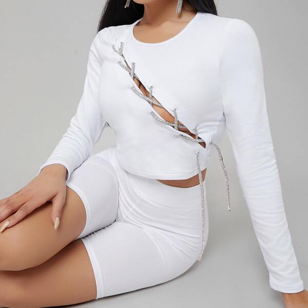 

Rhinestone Lace-Up Long Sleeve Crop Top, White