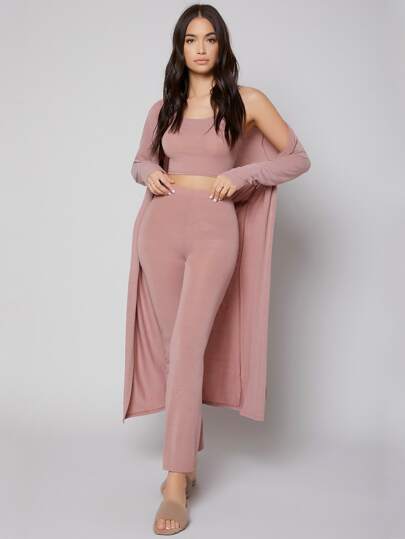 روب بحزام مع طمق استراحة كامي بلون موحد