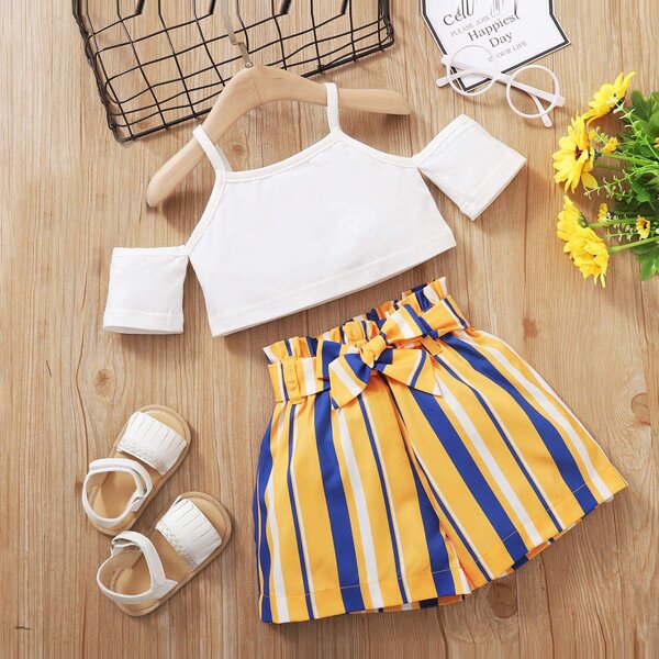 

Toddler Girls Cold Shoulder Top With Striped Belted Shorts, Multicolor