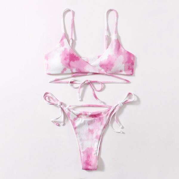 

Water Color Rib Wrap Tie Side Bikini Swimsuit, Multicolor