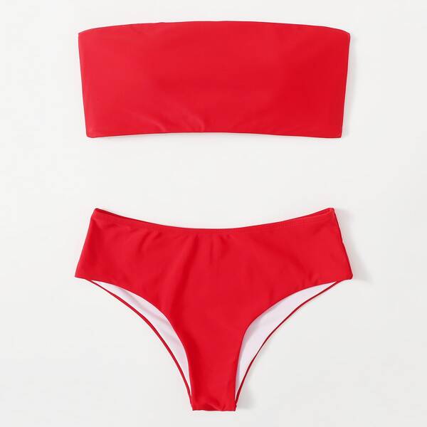 

Solid Bandeau Bikini Swimsuit, Red