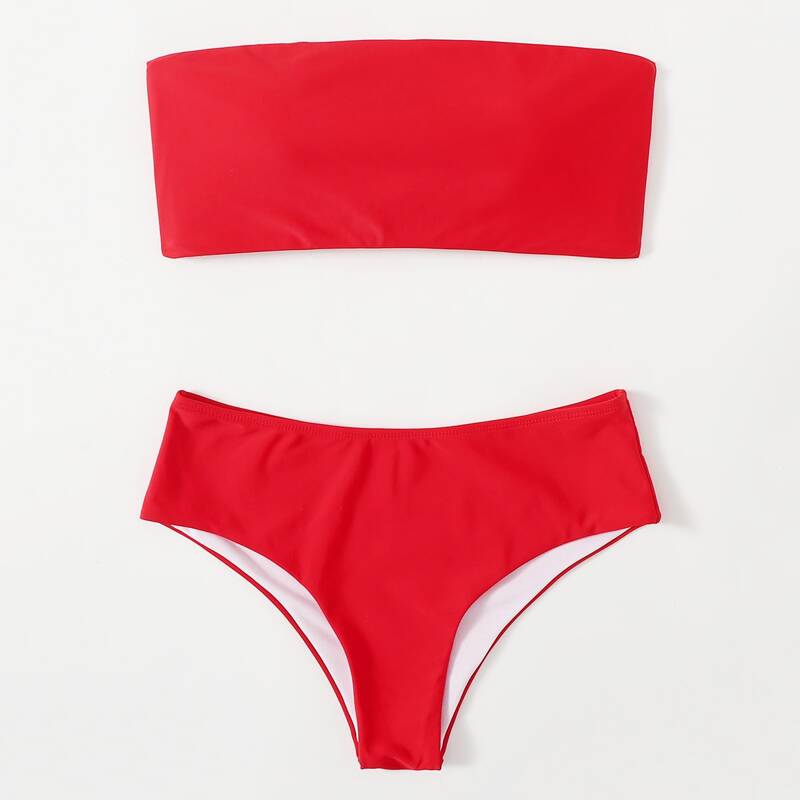 

Solid Bandeau Bikini Swimsuit, Red