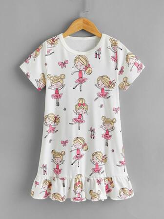 فستان ليلي بحافة مكشش بطباعة شكل كارتون للبنات الصغار