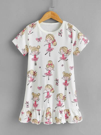 فستان ليلي بحافة مكشش بطباعة شكل كارتون للبنات الصغار