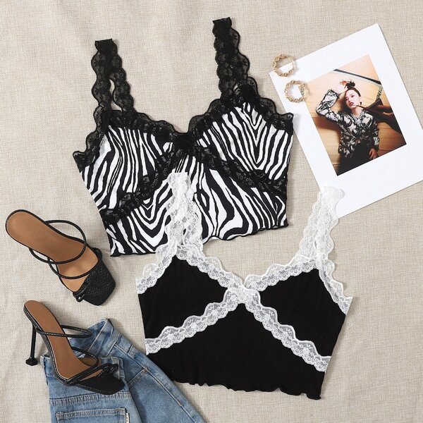 

2 Pack Lace Trim Striped Cami Top, Black and white